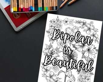 Página para colorear sobre trastorno bipolar, arte floral sobre salud mental (descarga instantánea)