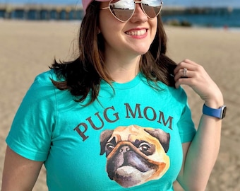 Camiseta para mamás de carlinos, camiseta con estampado de cara de carlino en acuarela, ropa para amantes de los perros.