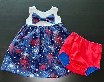 Conjunto de vestido de fuegos artificiales del 4 de julio para niños pequeños de 2 piezas, vestido patriótico, atuendo del Día de la Independencia