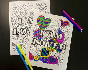 Página para colorear de afirmación "SOY AMADO", Coloración para adultos, Página para colorear de salud mental, Amor propio, Compasión, Páginas para colorear