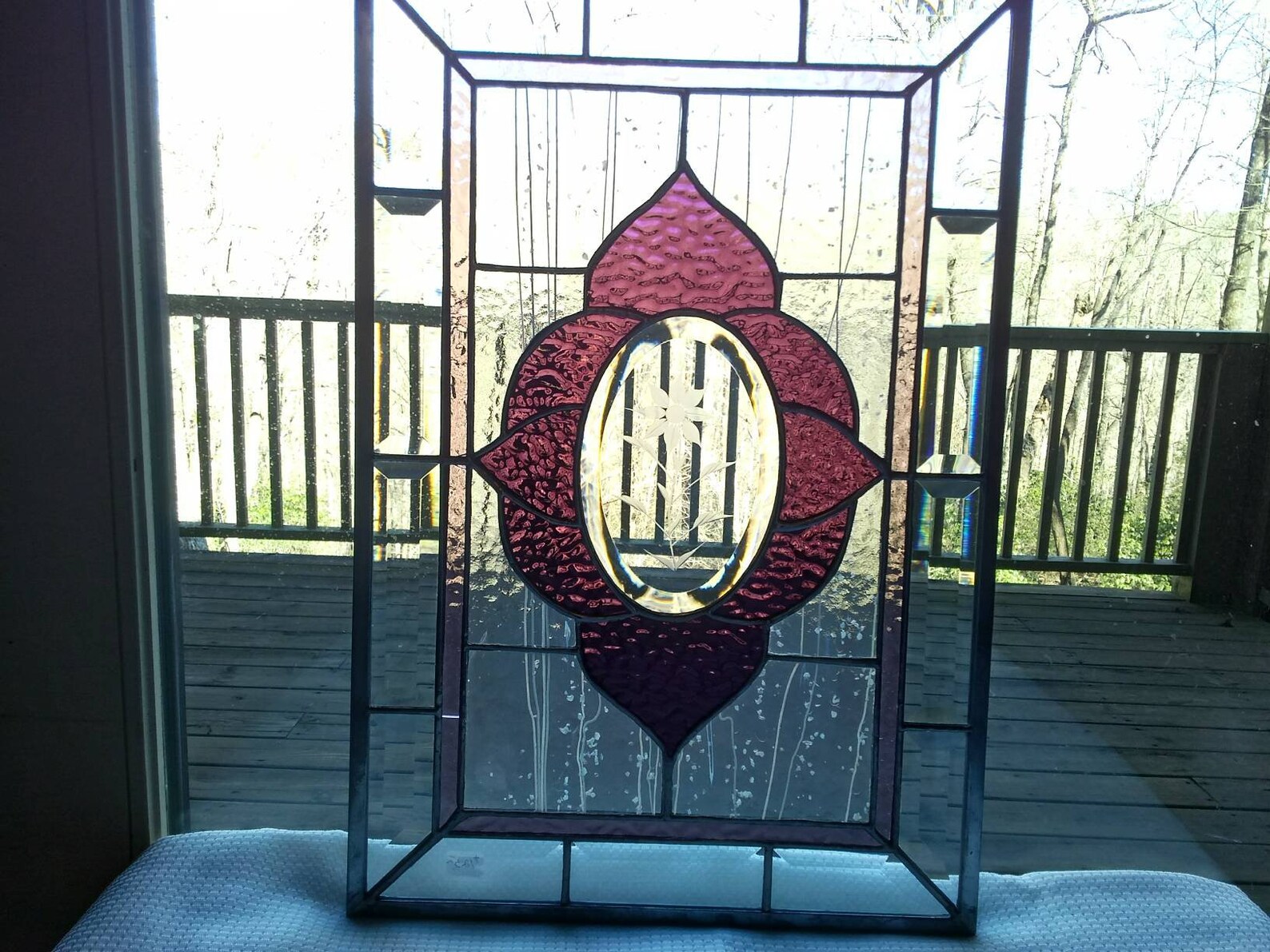 Large Stained Glass Panel With Etched Flower on Center Oval Bevel