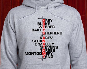 Grey's Anatomy TV Show Characters Hoodie, Grey Sloan Memorial Hospital Jumper, Grey, Yang, Karev, Burke, Weber, Bailey, Shepherd (T187)