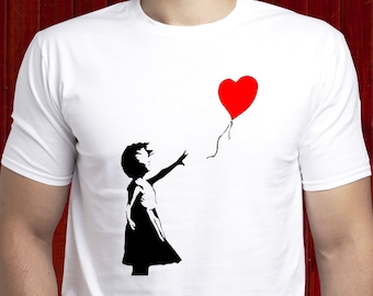 Banksy&#39;s Girl With Balloon Art Work t-shirt, Banksy Symbol of Hope t shirt, Famous Banksy London tshirt, Banksy Auction Art shirt (T191)