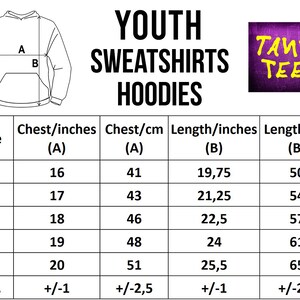 Puede incluir: Tabla de tallas para sudaderas y sudaderas con capucha para j&oacute;venes. La tabla muestra las medidas de pecho y longitud en pulgadas y cent&iacute;metros para las tallas XS, S, M, L y XL. La tabla tambi&eacute;n incluye una tolerancia de +/- 1 pulgada o +/- 2,5 cent&iacute;metros.