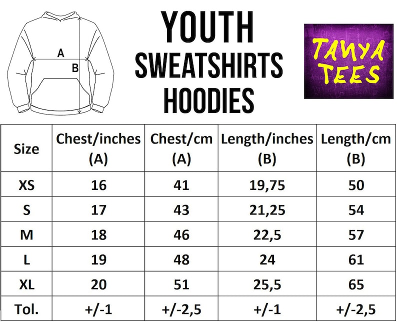 Puede incluir: Tabla de tallas para sudaderas y sudaderas con capucha para j&oacute;venes. La tabla muestra las medidas de pecho y longitud en pulgadas y cent&iacute;metros para las tallas XS, S, M, L y XL. La tabla tambi&eacute;n incluye una tolerancia de +/- 1 pulgada o +/- 2,5 cent&iacute;metros.