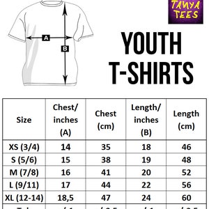 May include: Size chart for youth t-shirts with measurements in inches and centimeters. The chart shows chest and length measurements for sizes XS (3/4) to XL (12-14).