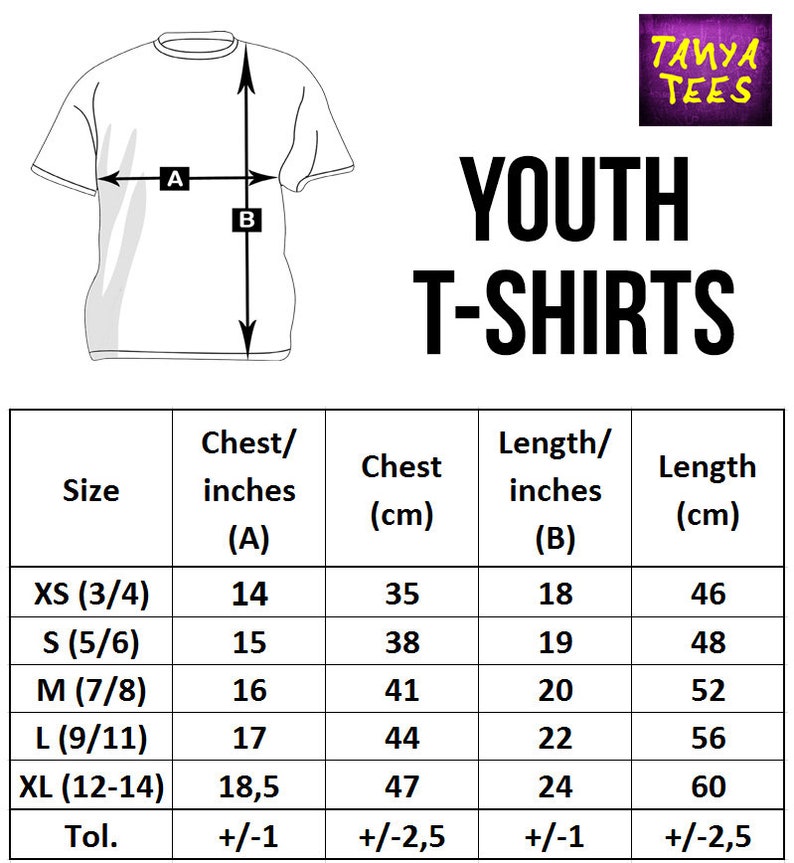 May include: Size chart for youth t-shirts with measurements in inches and centimeters. The chart shows chest and length measurements for sizes XS (3/4) to XL (12-14).