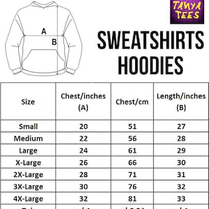 Puede incluir: Tabla de tallas para sudaderas y sudaderas con capucha con medidas en pulgadas y cent&iacute;metros. La tabla muestra las medidas del pecho en pulgadas y cent&iacute;metros, y las medidas de la longitud en pulgadas para las tallas S a 4XL.
