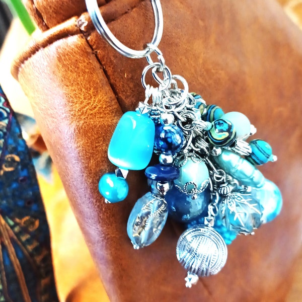 Charm de sac bleu ciel coloré en perles, porte-clés, breloque de sac à main, pendentif