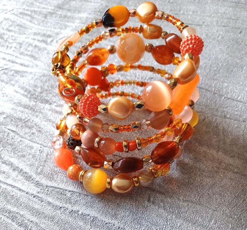 Autumn Orange Amber Memory Wrap Beaded Bracelet Etsy