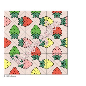 May include: A repeating pattern of strawberries in red, pink, yellow, and green on a light pink background. The strawberries are arranged in a grid pattern with a white grid overlay.