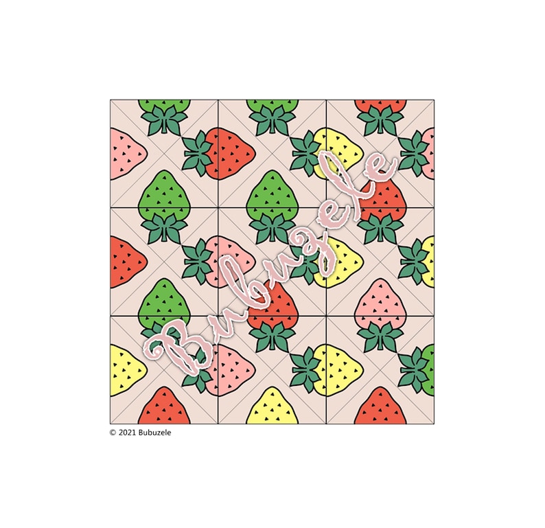 May include: A repeating pattern of strawberries in red, pink, yellow, and green on a light pink background. The strawberries are arranged in a grid pattern with a white grid overlay.