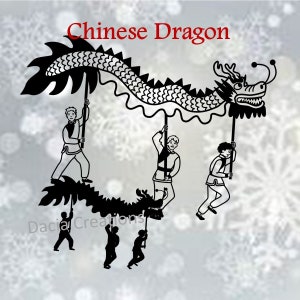 May include: Black and white silhouette illustration of a Chinese dragon dance.  The dragon is being held up by five people. The text "Chinese Dragon" is at the top of the image.