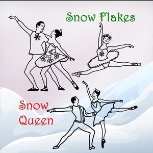 May include: Black and white line art illustration of four dancers in various poses. The dancers are wearing tutus and are performing a ballet routine. The text "Snowflakes" is written in green at the top of the image and the text "Snow Queen" is written in red at the bottom of the image.