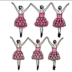 May include: Six pink ballet dancers with flower accents on their heads, holding hands and performing a synchronized dance routine.