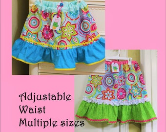 Girls Pretty Mandala Flowers adjustable waist cotton skirts in multiple sizes