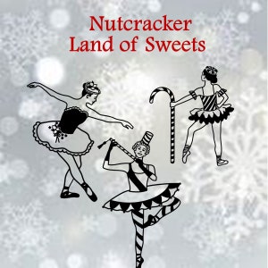 May include: Black and white illustration of three ballerinas from the Nutcracker ballet. The ballerinas are wearing tutus and are in various poses. The text "Nutcracker Land of Sweets" is at the top of the image.