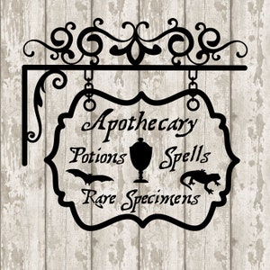 Peut inclure: Silhouette noire et blanche d'une enseigne pour une boutique d'apothicaire. L'enseigne indique "Apothicaire, Potions, Sorts, Spécimens rares".