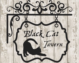 Black Cat Tavern Sign, clipart & cut files, Halloween tee, vintage sign, apothecary, pub sign, Cricut cut, silhouette, witch shop, beer sign