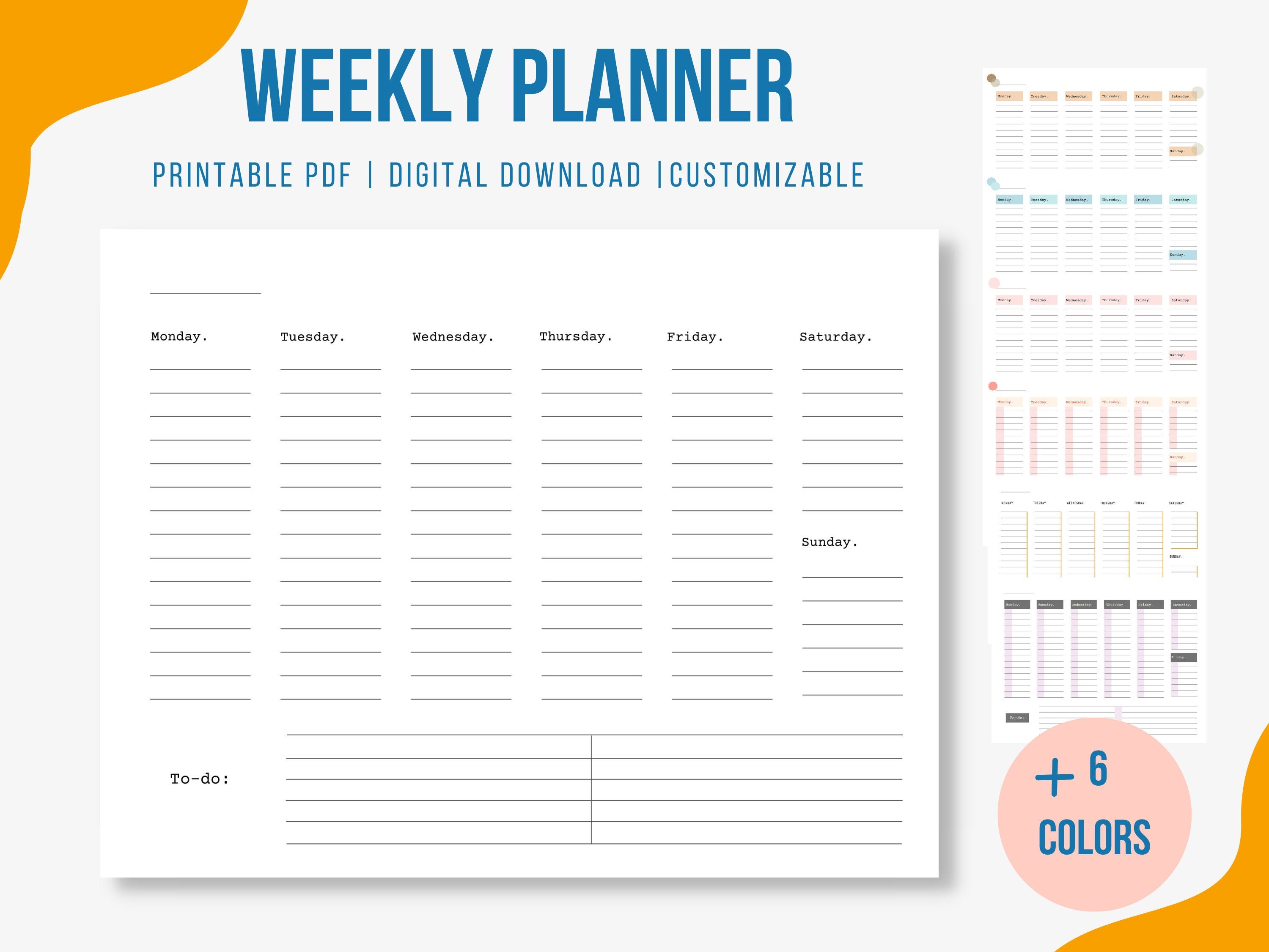 printable weekly planner landscape week calendar editable etsy