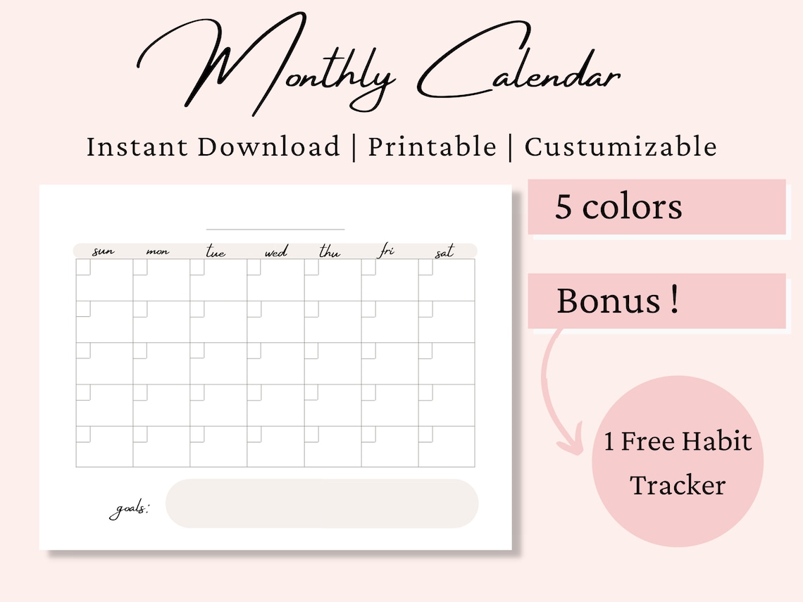 Simple & Cute Blank Monthly Calendar Printable Monthly Wall | Etsy