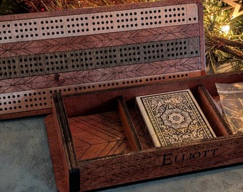 Handmade Cribbage Board with Storage | Custom 3 & 4 Lane Wooden Game Set | Ornate Design, Pegs, Cards Included, Unique Gift Idea | Family