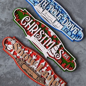Personalized 3-Layer Christmas Street Sign | Custom Name Holiday Decor | Rustic Farmhouse Christmas Sign | Festive Mantel Wall Art Gift