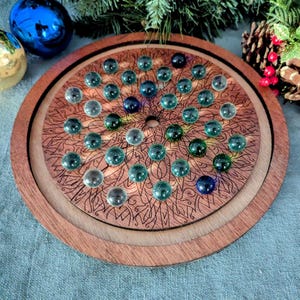 Handmade Marble Solitaire Game, Ornate Engraving, Sensory Friendly Wooden Brain Teaser Puzzle, Storage Box Board, Unique Gift, Coffee Table