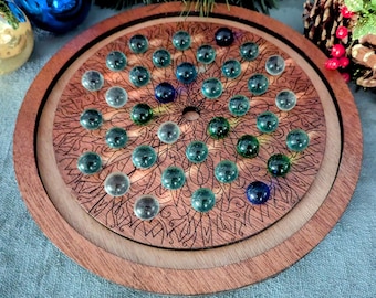 Handmade Marble Solitaire Game, Ornate Engraving, Sensory Friendly Wooden Brain Teaser Puzzle, Storage Box Board, Unique Gift, Coffee Table