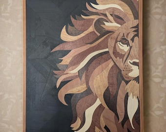 Handmade Wood Lion Wall Art Rustic Lion Head Decor | Large Zoo Animal Art | Gift for Him or Her | Opt Philippine Mahogany Frame  Home Office