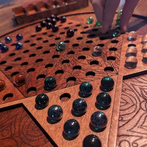 Wooden Chinese Checkers Set – Handmade 16.5” Engraved 3-Layer Board w/ Glass Marbles & Storage Box – Strategy Game, Sensory-Friendly Gift