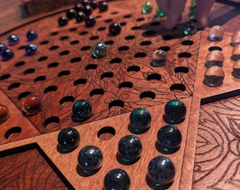 Wooden Chinese Checkers Set – Handmade 16.5” Engraved 3-Layer Board w/ Glass Marbles & Storage Box – Strategy Game, Sensory-Friendly Gift