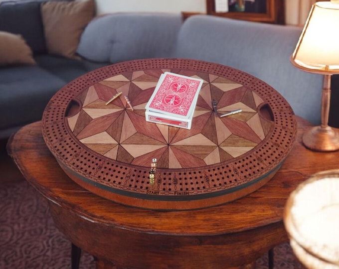 Handmade 4-Track Wooden Cribbage Board with Storage & Cards – Oval Game Board, Quilted Inlay Design, Sealed Wood Finish Gift for Him or Her
