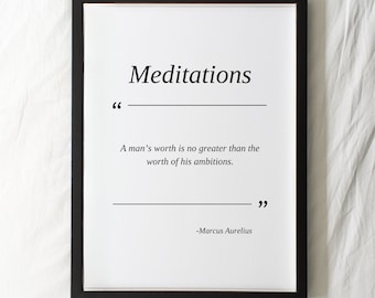 May include: A black framed print with the text "Meditations" and a quote by Marcus Aurelius: "A man's worth is no greater than the worth of his ambitions."