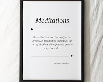 May include: A black framed print with the word "Meditations" in a large font at the top. The quote "Remember that man lives only in the present, in this fleeting instant; all the rest of his life is either past and gone or not yet revealed." is printed below the title. The quote is attributed to "Marcus Aurelius" at the bottom of the print.