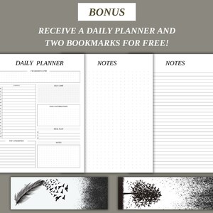 May include: A black and white daily planner with a dotted notes section and a lined notes section. The planner includes a section for daily affirmations, a meal plan, and top priorities. It also comes with two bookmarks, one with a feather and the other with a tree.