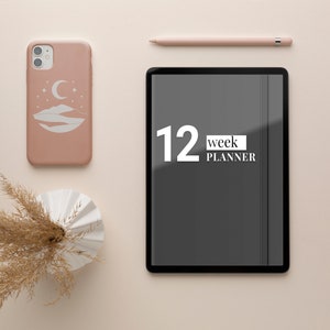 May include: A flat lay of a pink phone case with a moon and mountain design, a black tablet with the text "12 week planner", a white vase with dried pampas grass, and a pink pencil on a light pink background.