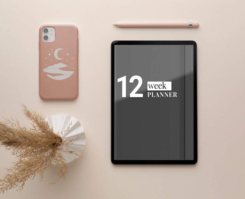 May include: A flat lay of a pink phone case with a moon and mountain design, a black tablet with the text "12 week planner", a white vase with dried pampas grass, and a pink pencil on a light pink background.