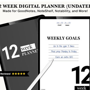 May include: A digital planner for GoodNotes, NoteShelf, and Notability. The planner is black and white and features a 12 week planner with the text "12 week planner" and "weekly goals". The weekly goals section includes the text "Go to the gym 3 times", "Meal prep Monday to Friday", and "Earn an extra $50".