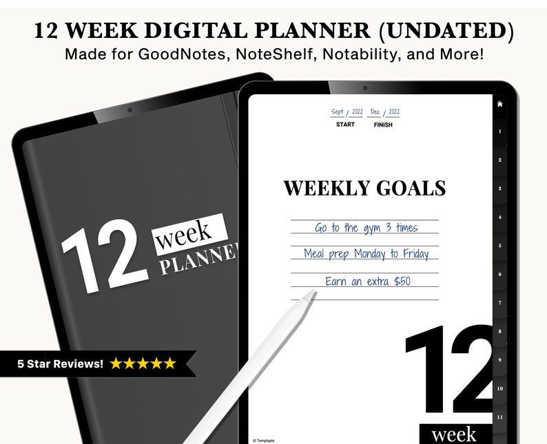 May include: A digital planner for GoodNotes, NoteShelf, and Notability. The planner is black and white and features a 12 week planner with the text "12 week planner" and "weekly goals". The weekly goals section includes the text "Go to the gym 3 times", "Meal prep Monday to Friday", and "Earn an extra $50".