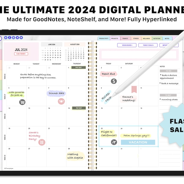 Digital planerare för GoodNotes 2024, hyperlänkad iPad-studentorganisatör (digital nedladdning)