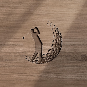 May include: A silhouette of a golfer swinging a club, carved into a wooden surface, with a golf ball design behind the golfer.