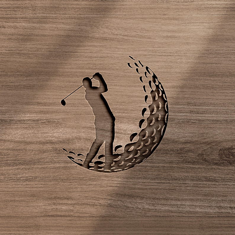 May include: A silhouette of a golfer swinging a club, carved into a wooden surface, with a golf ball design behind the golfer.