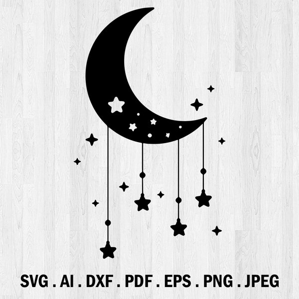 Moon and Stars Svg, Celestial svg file, Vector, Moon silhouette svg, Night moon Clipart, Star clip art, Night sky, Cricut Cutting File.