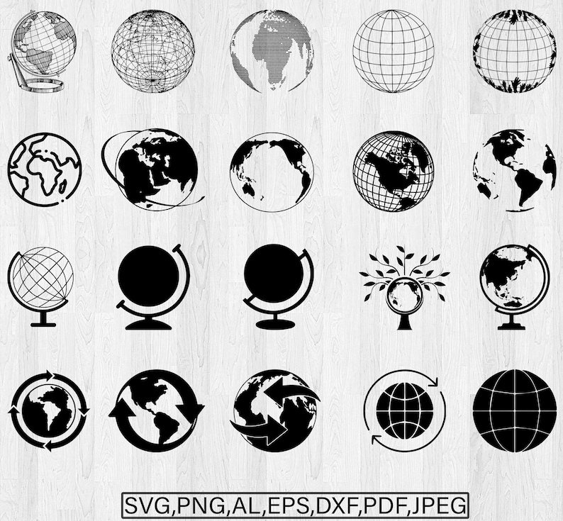 May include: A set of 20 black and white globe illustrations. The globes are in various styles, including a globe with a stand, a globe with a tree, and a globe with arrows. The illustrations are perfect for use in crafts, scrapbooking, and other creative projects.