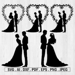 Wedding Heart, Bride and Groom SVG Files for Silhouette Cameo and Cricut. Wedding Couple. Cake Topper, Wedding Clipart PNG included