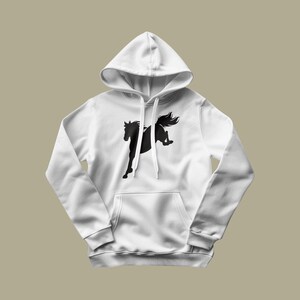 May include: A white hooded sweatshirt featuring a black silhouette graphic of a horse in a rearing position on the front center. The garment includes a drawstring hood, long sleeves with ribbed cuffs, and a large front kangaroo pocket.