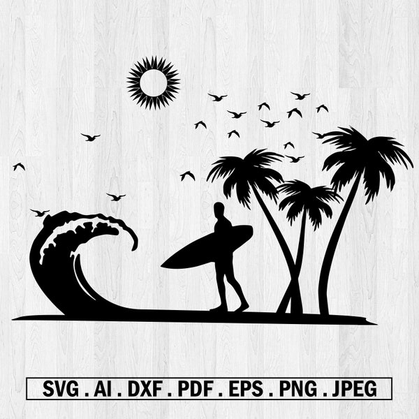 Surfer Surfing Palm Tree Sunset Landscape Silhouette , Svg, Png, Eps, Dxf, Digital File
