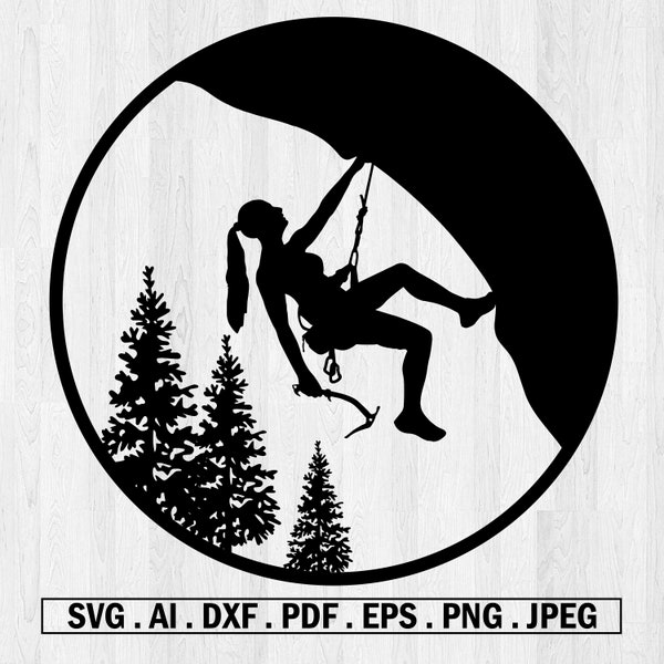 Montagne, forêt, escalade, grimpeur, femme, silhouette, image, svg, eps, png, dxf, fichier numérique cricut camp svg campeur svg randonnée svg