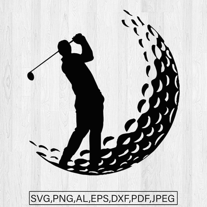 May include: Black silhouette of a golfer swinging a club with a golf ball in the background.
